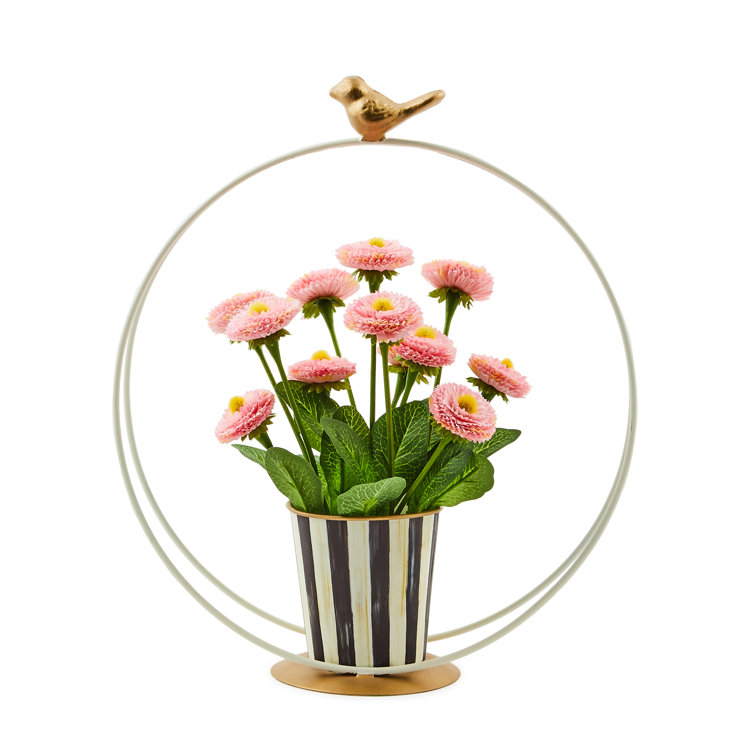 Pink Daisy Artificial Floral Arrangement in Striped Metal Vase