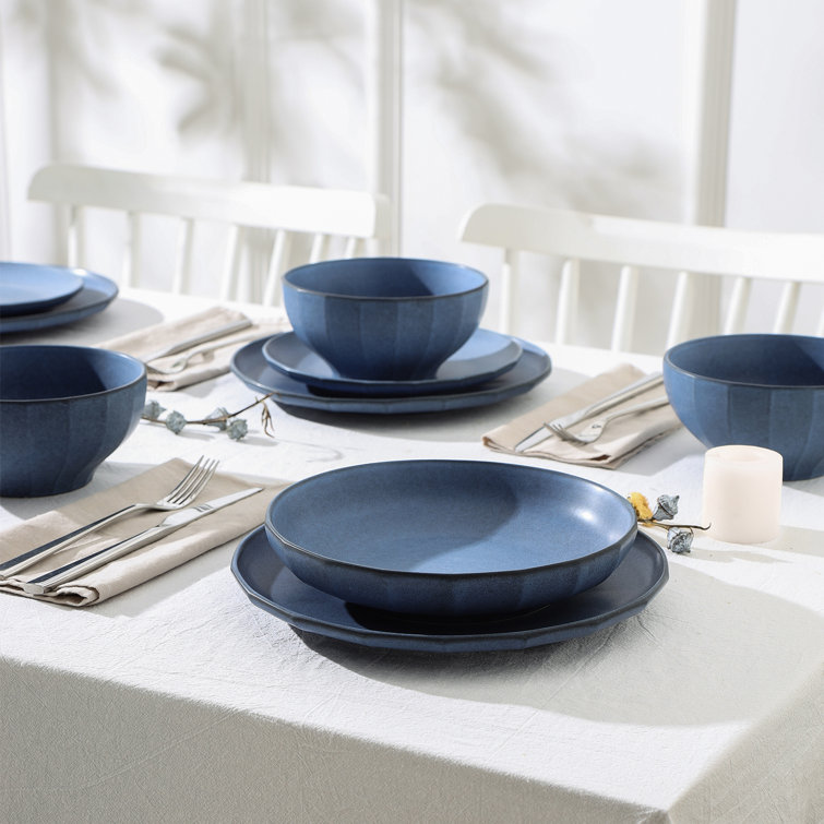 Blue Porcelain Round Pasta Bowl Set, 4-Piece