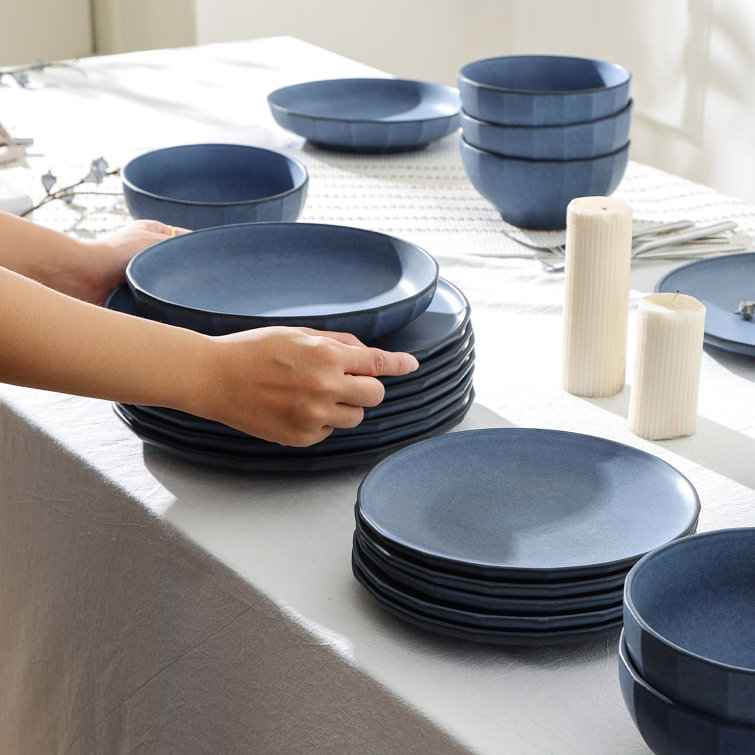 Blue Ceramic 16-Piece Minimalist Dinnerware Set for 8