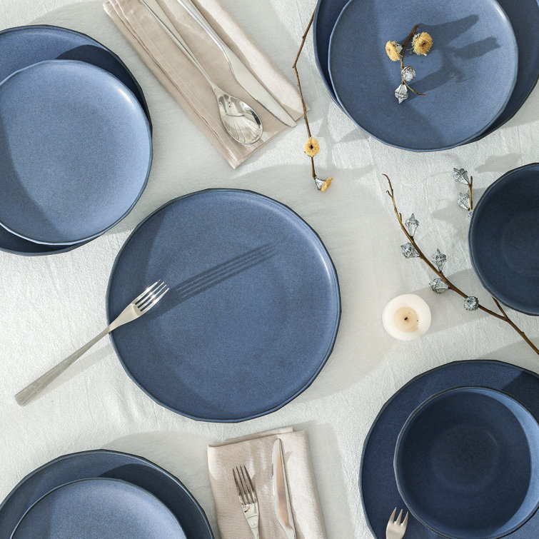 Blue Ceramic 16-Piece Minimalist Dinnerware Set for 8