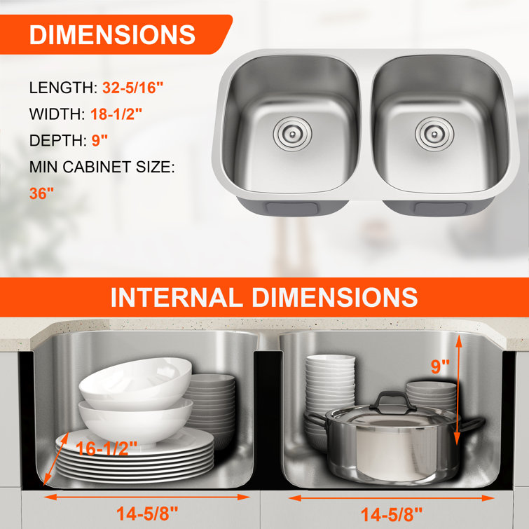 32 Inch Stainless Steel Double Bowl Undermount Kitchen Sink