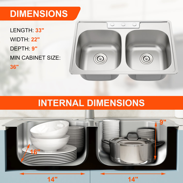 Blenzia 33 Inch Stainless Steel Double Bowl Topmount Kitchen Sink