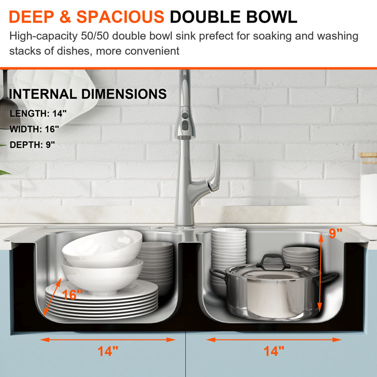Blenzia 33 Inch Stainless Steel Double Bowl Topmount Kitchen Sink