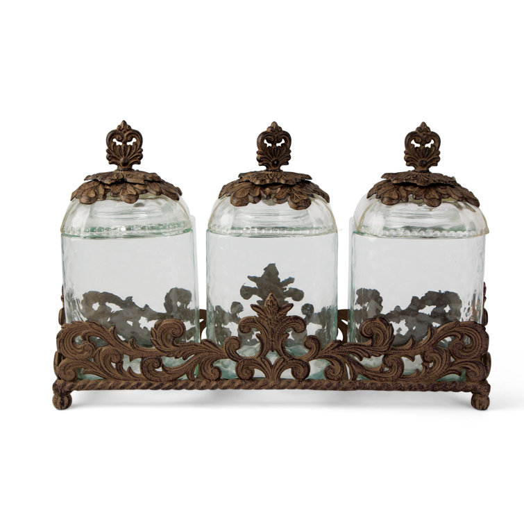 Clear Glass Canister Set with Ornate Metal Base