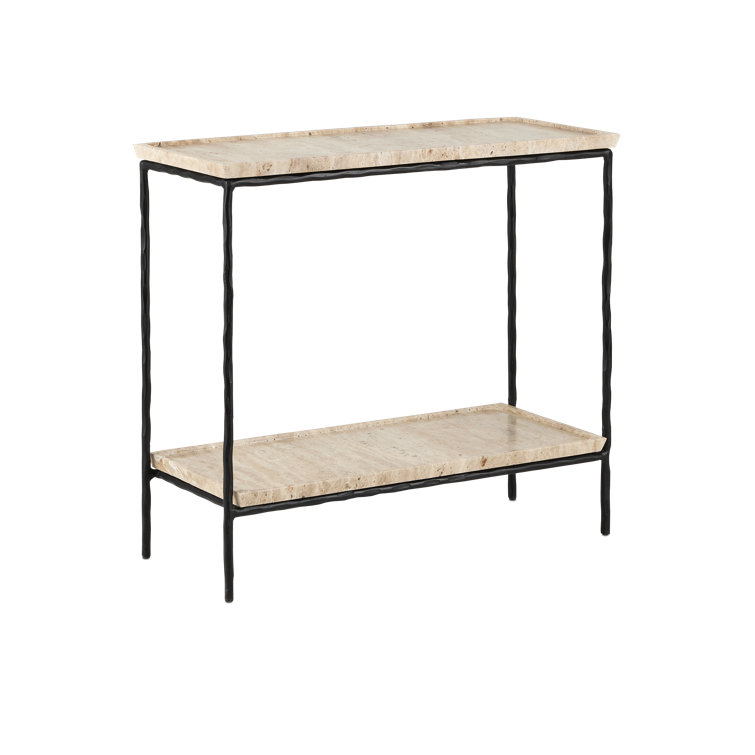 Natural Travertine and Black Iron Rectangular End Table
