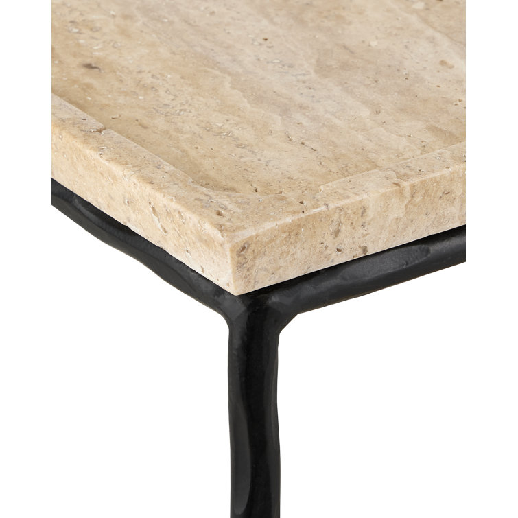 Natural Travertine and Black Iron Rectangular End Table