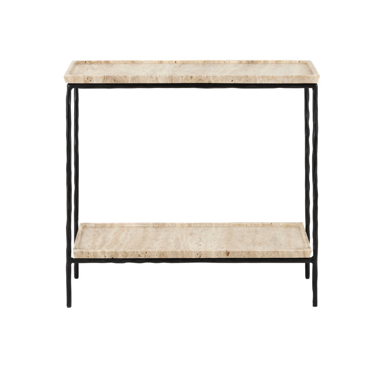 Natural Travertine and Black Iron Rectangular End Table