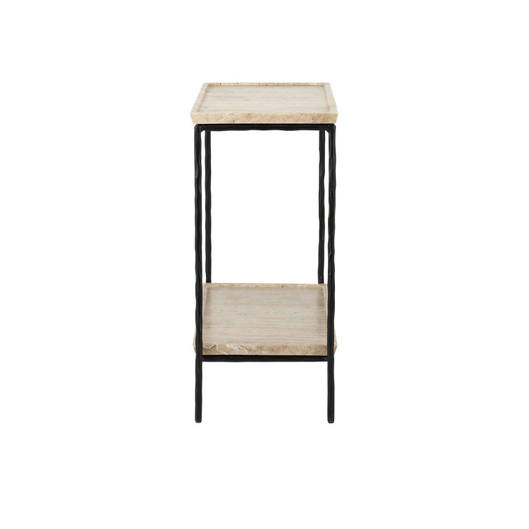 Natural Travertine and Black Iron Rectangular End Table