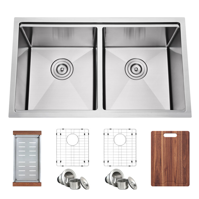 32 Inch Stainless Steel Double Bowl Undermount Workstation Sink