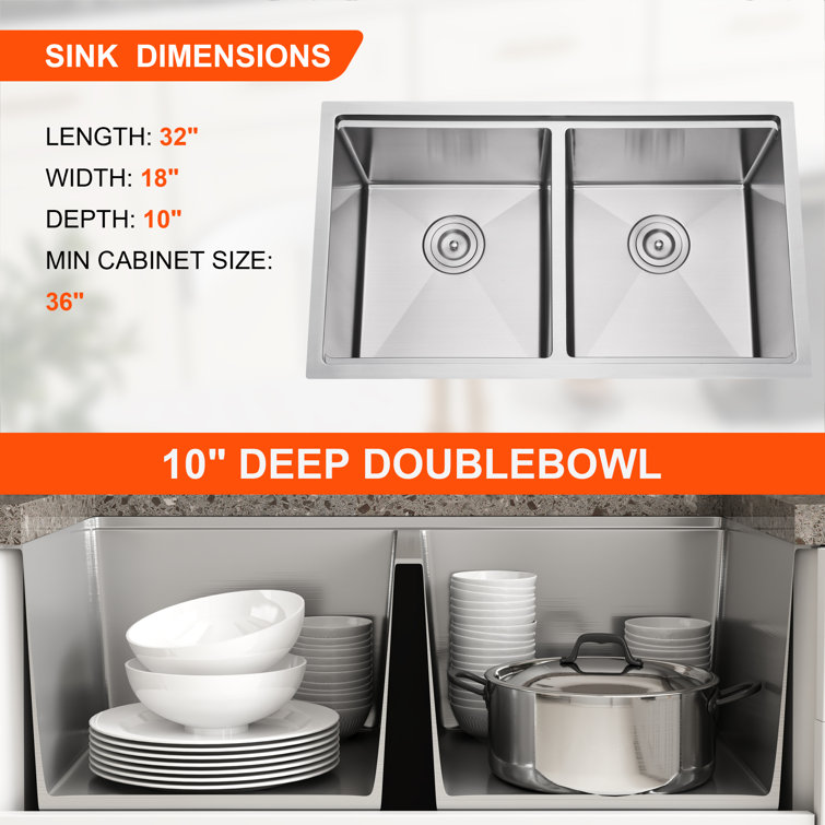 32 Inch Stainless Steel Double Bowl Undermount Workstation Sink