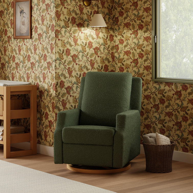 Tan Gingham Velvet Swivel Recliner with Light Wood Base