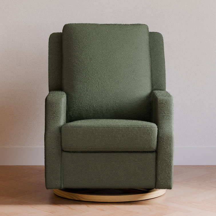 Olive Boucle Recliner with Light Wood Swivel Base