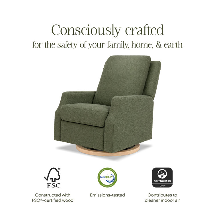 Olive Boucle Recliner with Light Wood Swivel Base