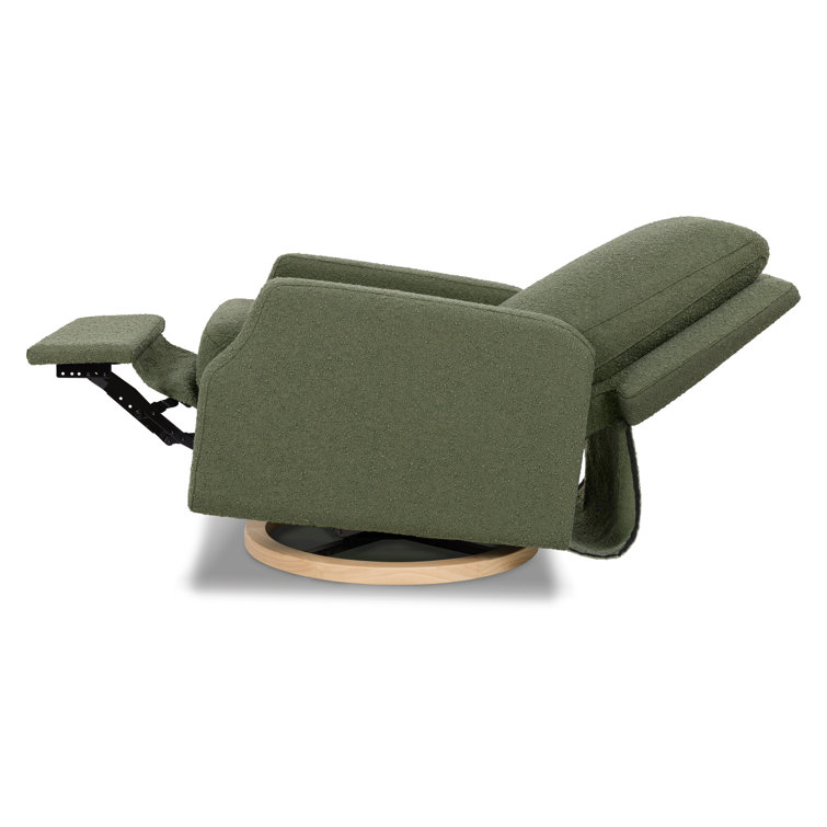 Olive Boucle Recliner with Light Wood Swivel Base