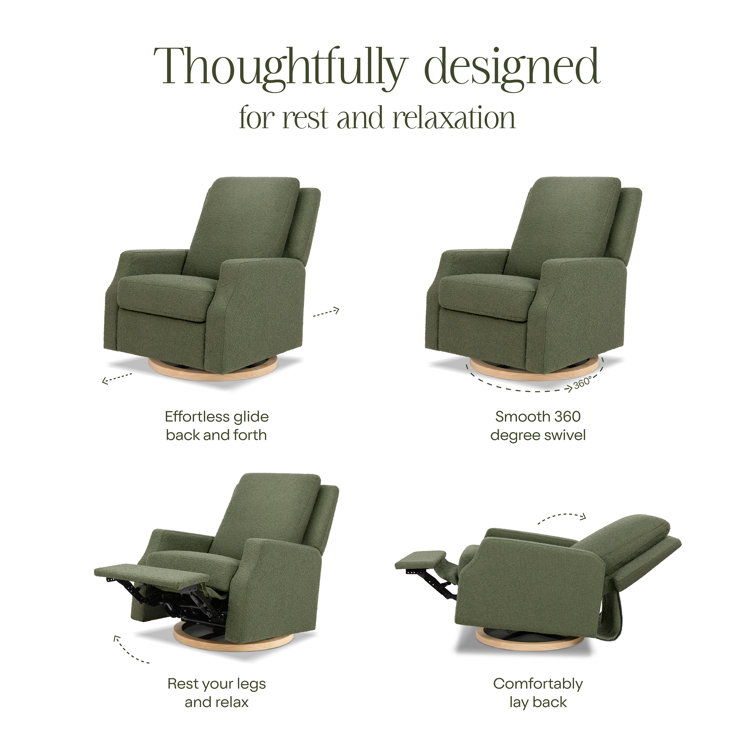 Olive Boucle Recliner with Light Wood Swivel Base