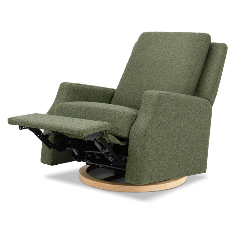 Olive Boucle Recliner with Light Wood Swivel Base