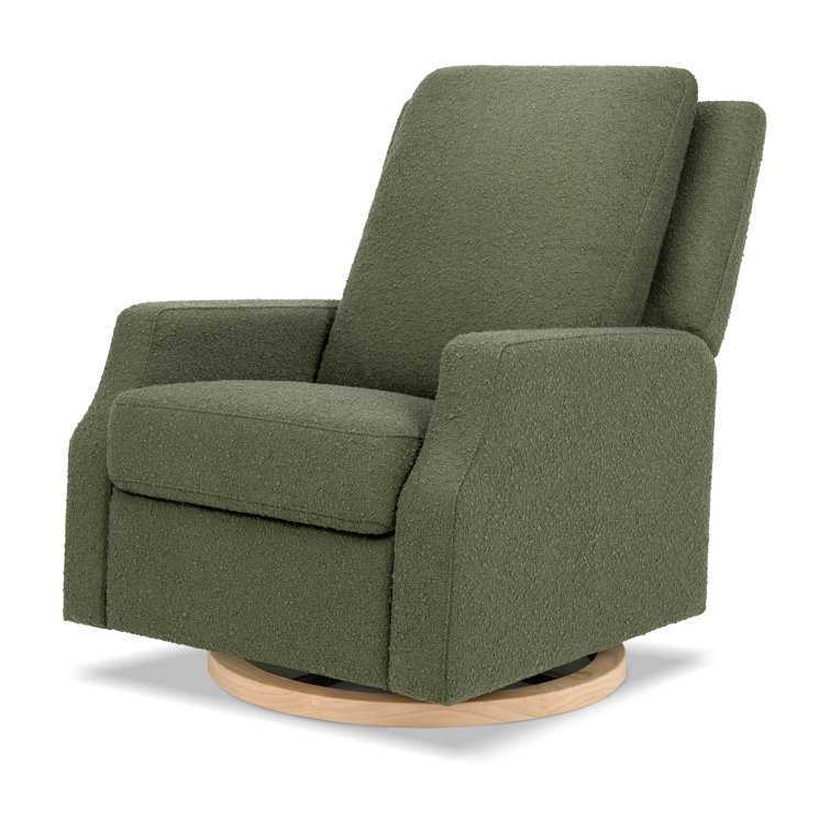 Olive Boucle Recliner with Light Wood Swivel Base