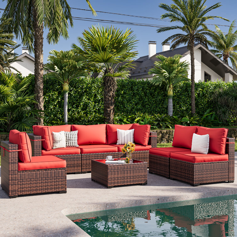 Wine Red 7-Piece Rattan Outdoor Sectional Sofa Set with Cushions
