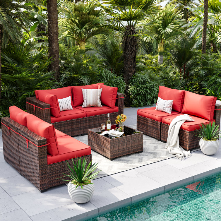 Wine Red 7-Piece Rattan Outdoor Sectional Sofa Set with Cushions