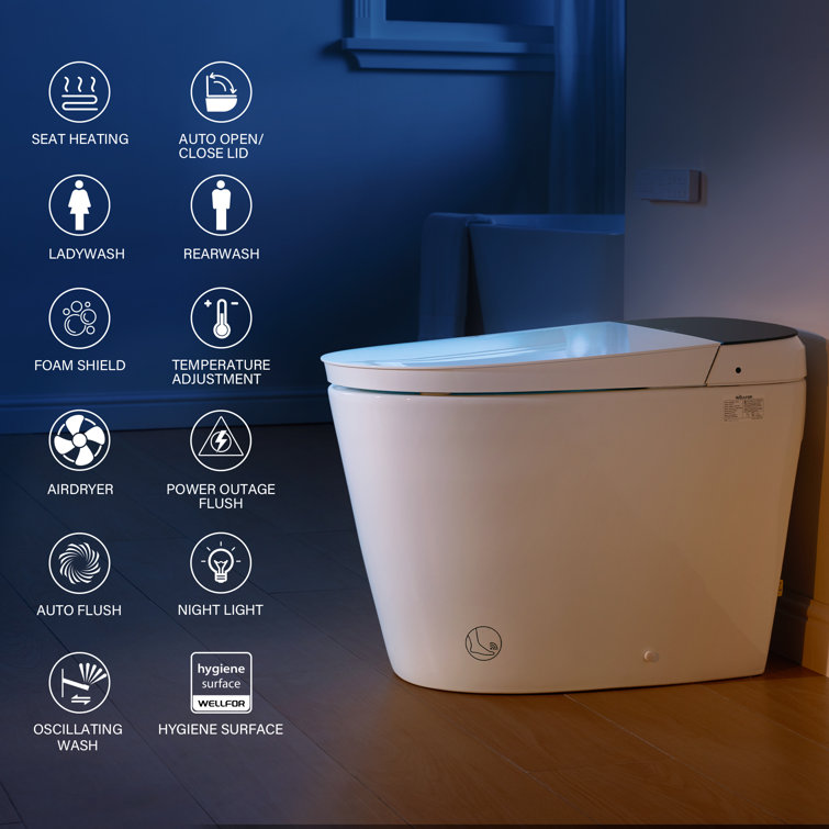 White Ceramic Elongated Smart Toilet with Heated Seat and Dryer