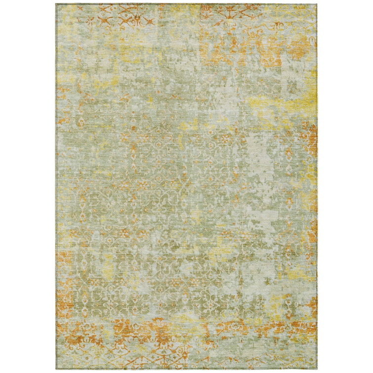 Sage and Yellow Flat Woven Synthetic Rectangular Rug 5' x 7'