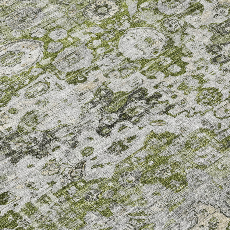 Aloe Green and Gray Synthetic Washable Rectangular Rug