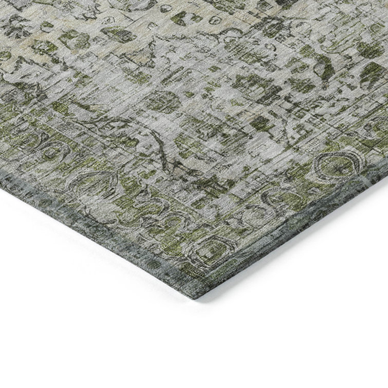 Aloe Green and Gray Synthetic Washable Rectangular Rug