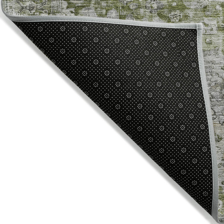 Aloe Green and Gray Synthetic Washable Rectangular Rug