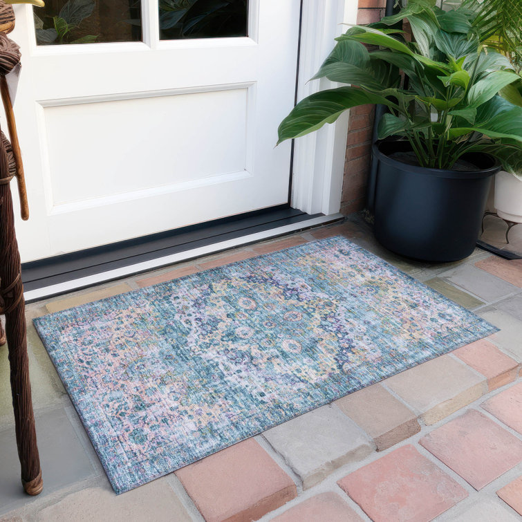 Denim Blue Synthetic Rectangular Washable Rug 30" x 20"