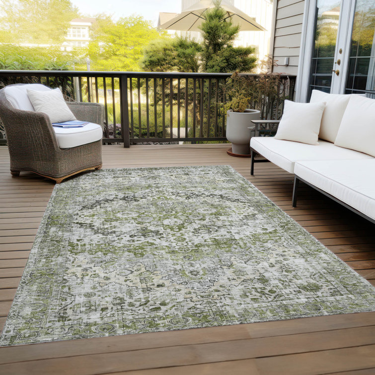 Aloe Green and Gray Synthetic Washable Rectangular Rug