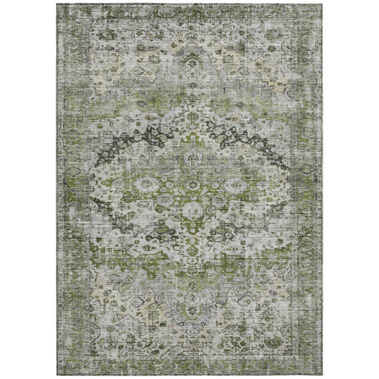 Aloe Green and Gray Synthetic Washable Rectangular Rug