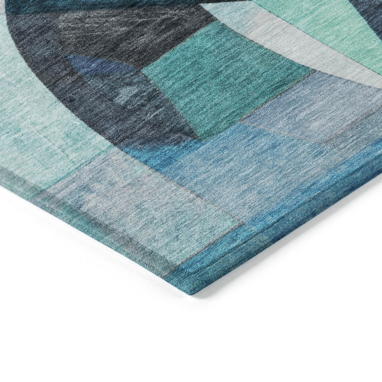 Teal Abstract Washable Synthetic Rectangular Rug 30" x 20"