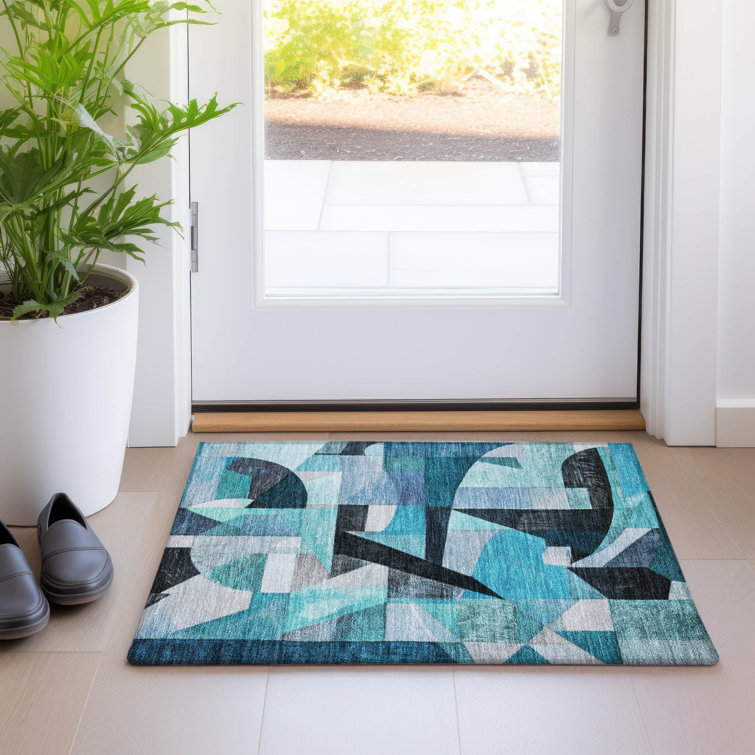 Teal Abstract Washable Synthetic Rectangular Rug 30" x 20"