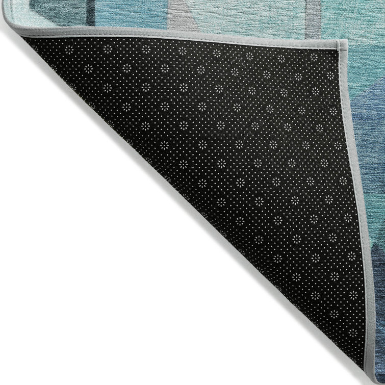Teal Abstract Washable Synthetic Rectangular Rug 30" x 20"