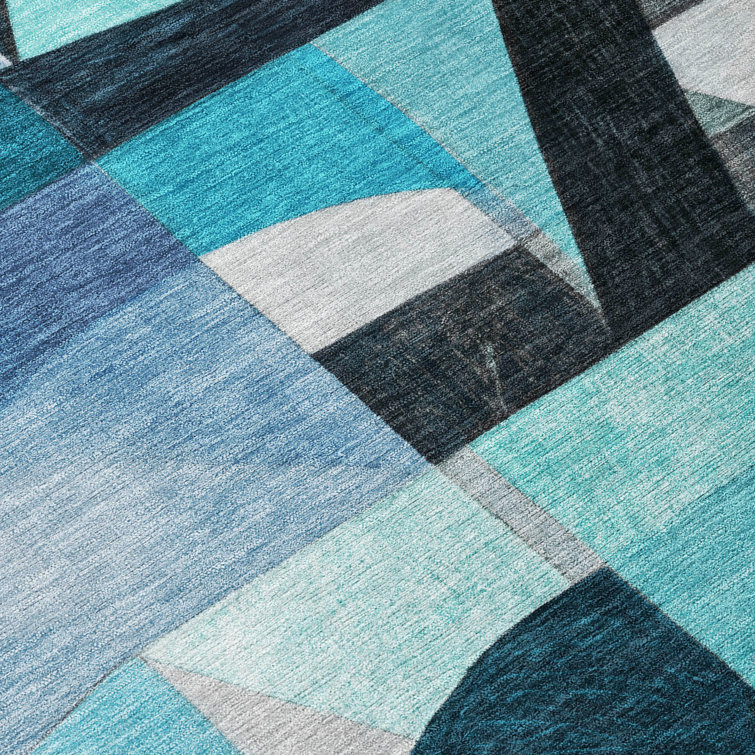 Teal Abstract Washable Synthetic Rectangular Rug 30" x 20"