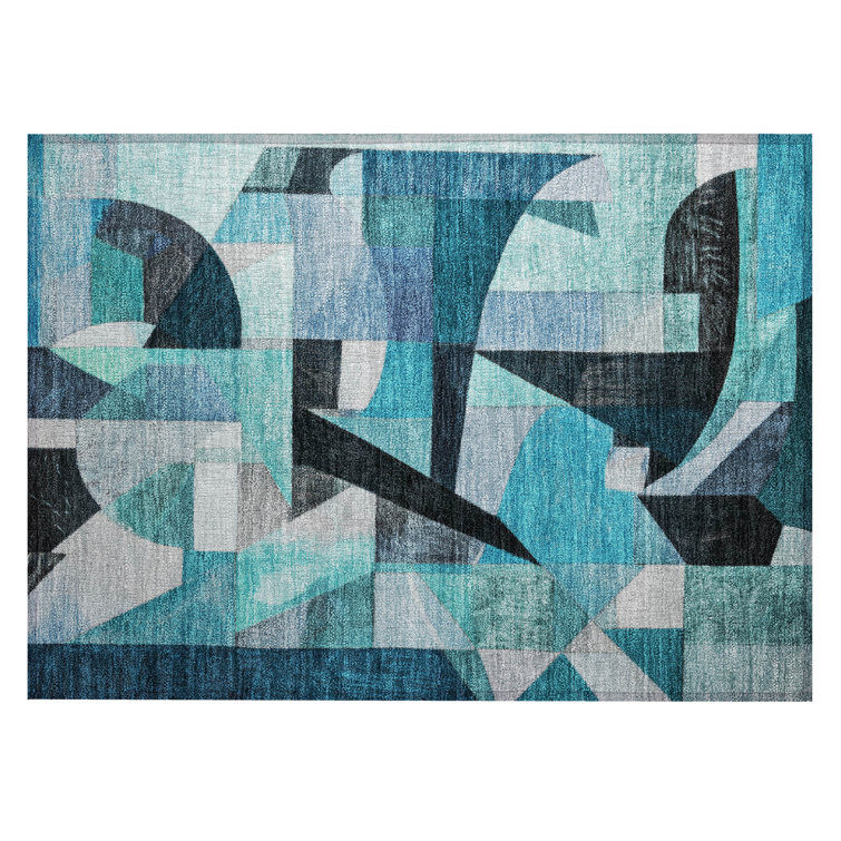 Teal Abstract Washable Synthetic Rectangular Rug 30" x 20"