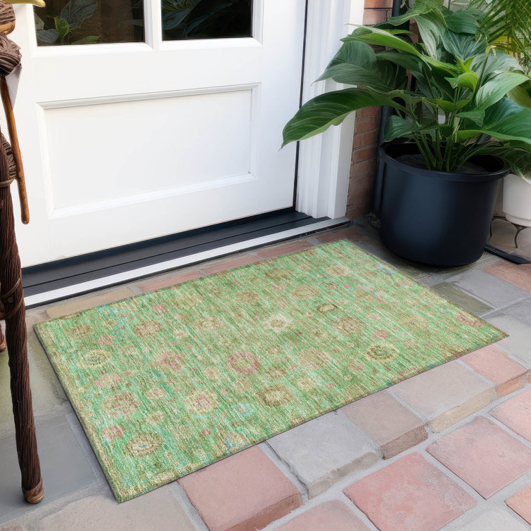 Lime Green Machine Washable Rectangular Indoor/Outdoor Rug