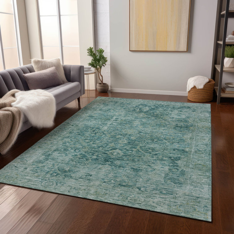 Teal Rectangular Flat Woven Synthetic Washable Rug