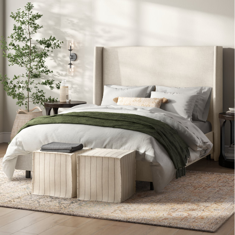 Beige Queen Upholstered Wingback Bed with Wood Frame