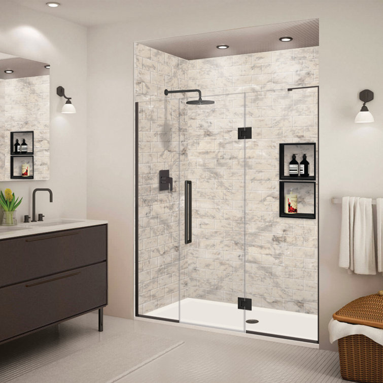 Matte Black Frameless Hinged Shower Door with Clear Glass, 69" x 76"