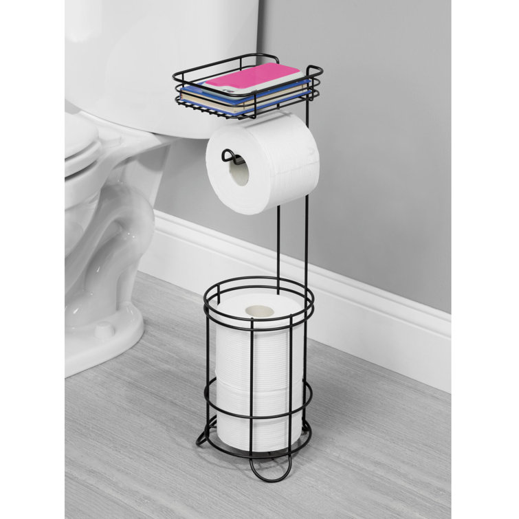 Matte Black Steel Freestanding Toilet Paper Holder with Shelf
