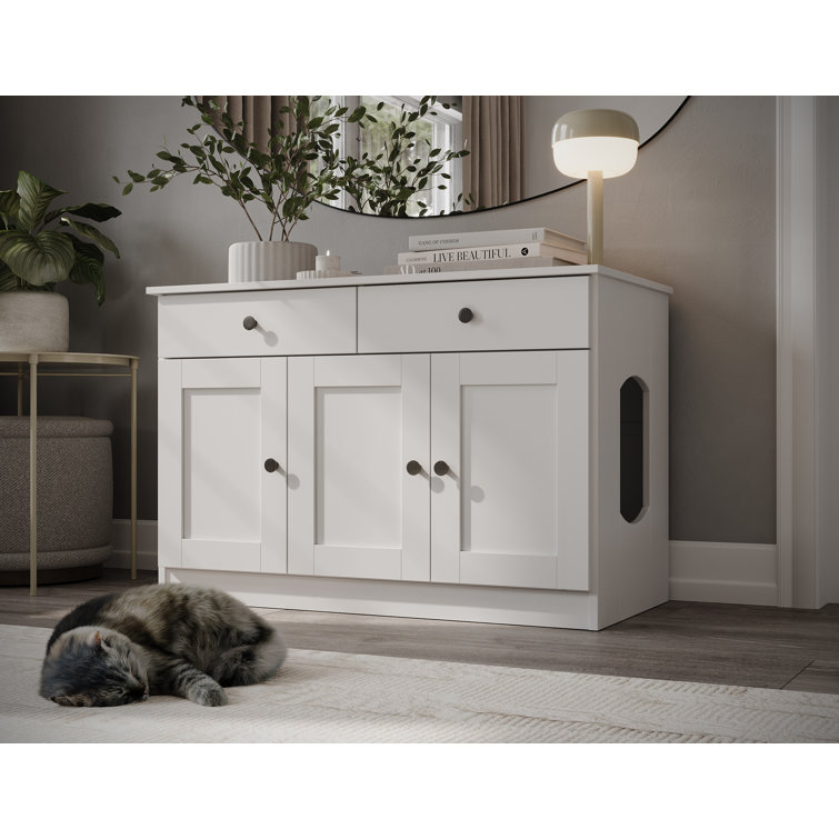 White Solid Wood 3-Door Cat Litter Enclosure with Drawers