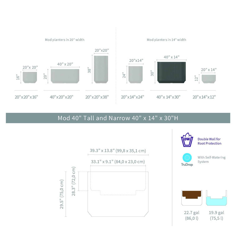 Mod Ash Color 40'' x 14'' x 30''H Double Walled Self-Watering Planter