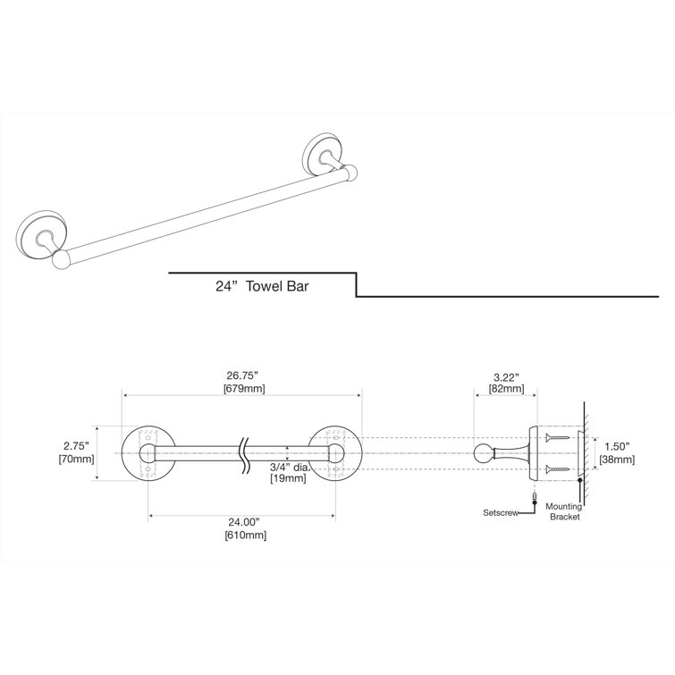 Brushed Brass 24" Wall Mounted Towel Bar