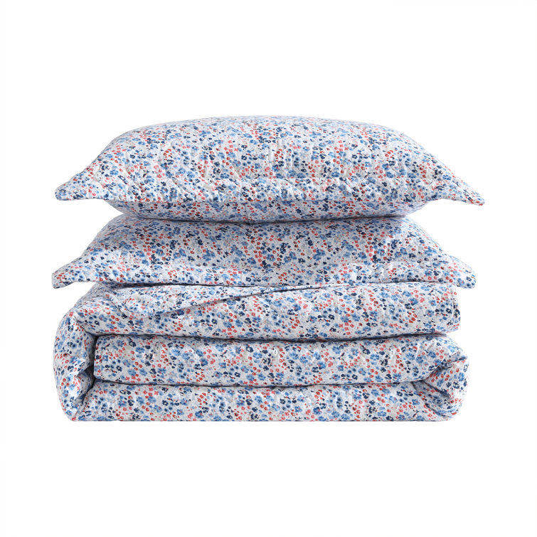 Leona Flower Blue and Red Cotton Twin Reversible Quilt Set