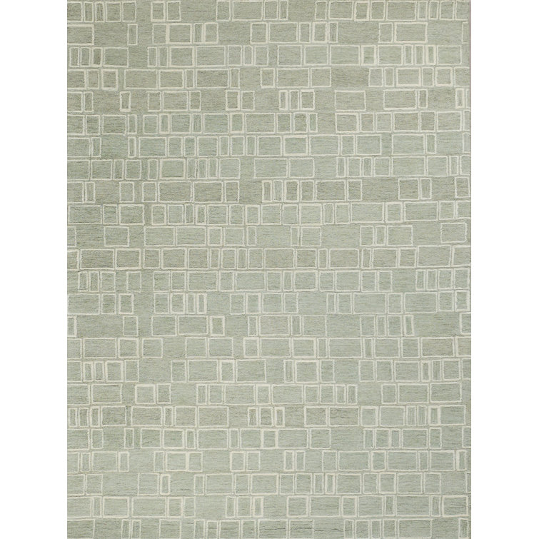 Ivory and Green Geometric Hand Tufted Wool Rug, 4' x 6'
