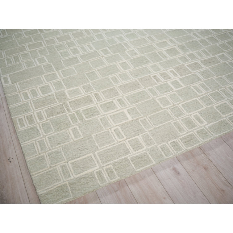 Ivory and Green Geometric Hand Tufted Wool Rug, 4' x 6'