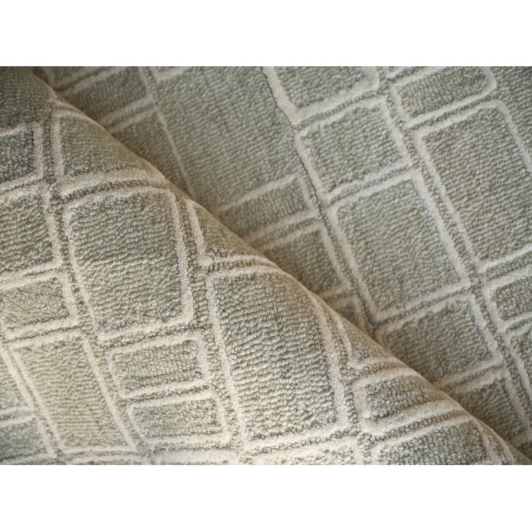Ivory and Green Geometric Hand Tufted Wool Rug, 4' x 6'