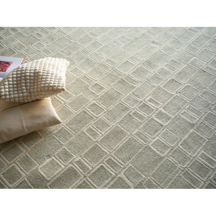 Ivory and Green Geometric Hand Tufted Wool Rug, 4' x 6'