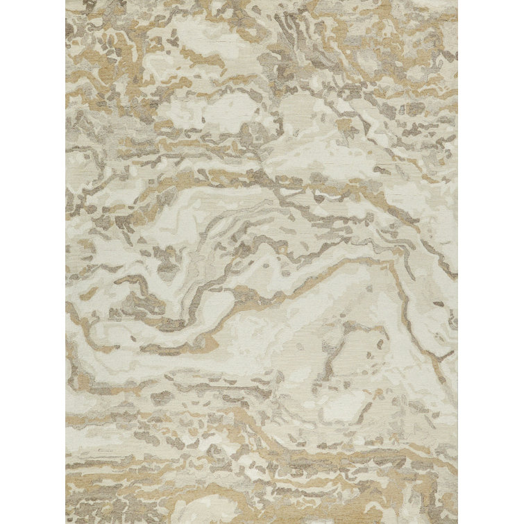 Ivory and Beige Hand Tufted Wool Abstract 10' x 14' Rug
